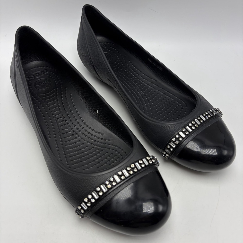 Crocs Ballet Flats Womens 9 Black Rhinestones Cap Toe Comfort Shoes Lightweight